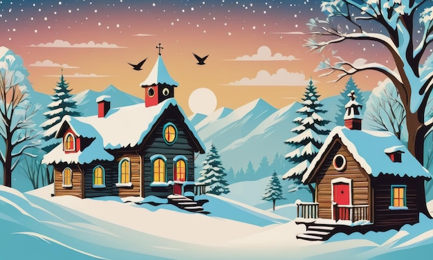 Christmas winter background with birdhouse