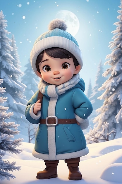 Christmas Winter Background with Little Kid Cartoon Character