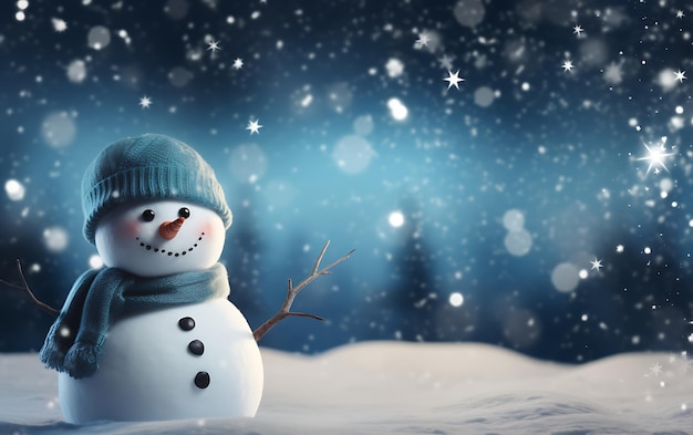 Christmas winter background with snow one cute snowman