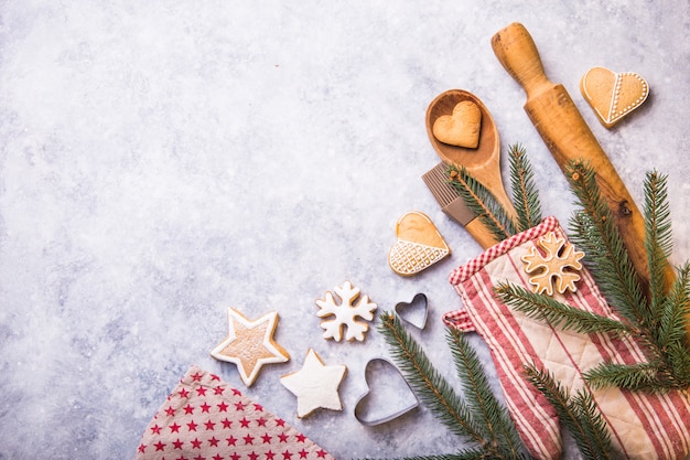 Christmas winter baking concept, ingredients for making cookies, baking, pies. 