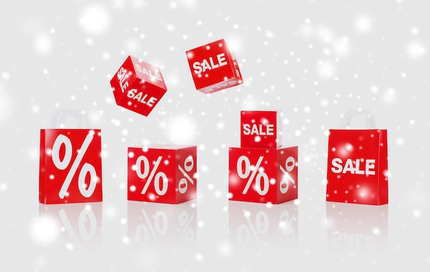 christmas, winter, retail, advertisement and merchandising concept - set of boxes and shopping bags with sale and percent sign over snow background