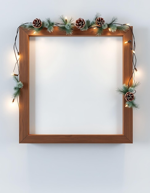 Christmas Wood and Glass Frame Adorned Along the Frame With Frosted Pinecones and Fairy Lights Mod