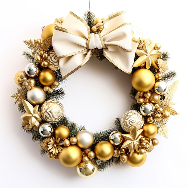 Christmas wreath golden color decoration on white background generative AI