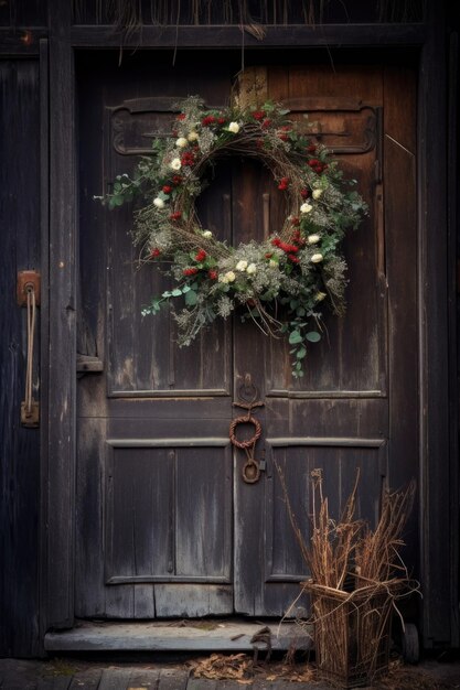 Christmas wreath hanging on a rustic wooden door created with generative ai