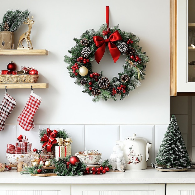 Photo a christmas wreath hangs on a wall above a shelf