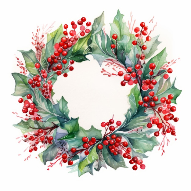 Christmas wreath of holly leaves and berries Watercolor illustration for postcards