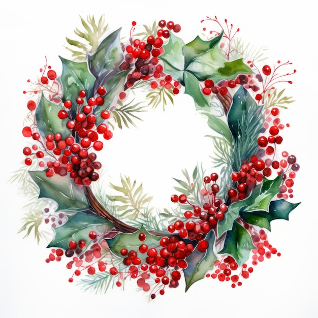 Christmas wreath of holly leaves and berries Watercolor illustration for postcards