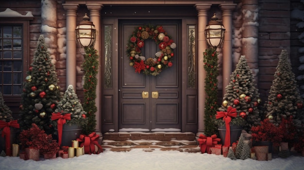 A Christmas wreath is hanging on the front door