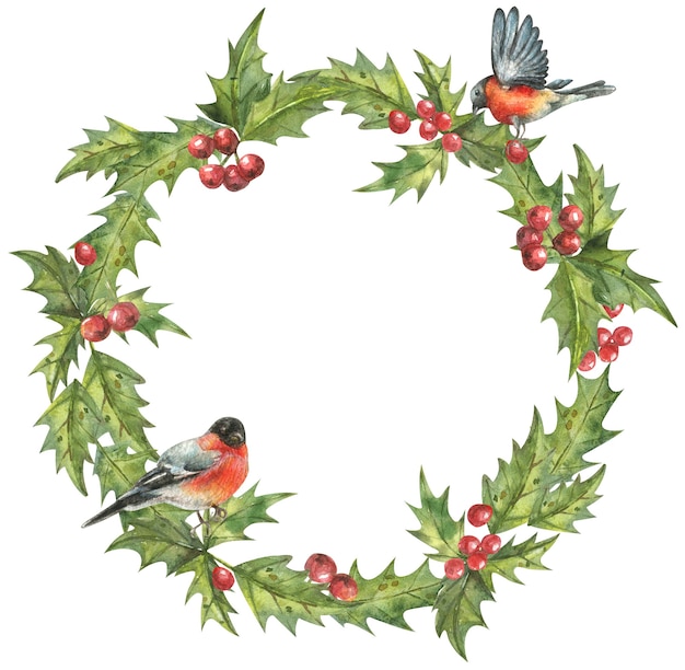 Christmas wreath of leaves and red berries and cute birdshanddrawn