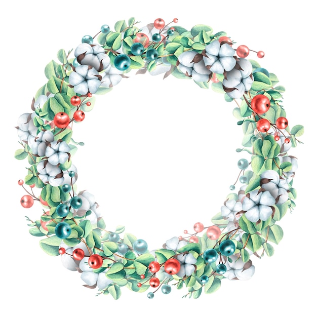 Christmas wreath made of eucalyptus twigs with cotton and berries Watercolor illustration Round frame from a large set of COZY WINTER For decoration and design of Christmas cards decor