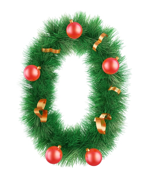 Christmas wreath in the shape of number zero with ribbons and balls. 3d render