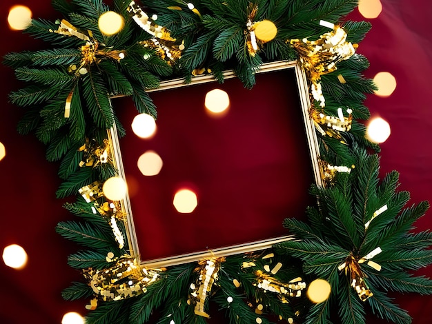 a christmas wreath with a gold frame and a red background with a christmas tree in the middle