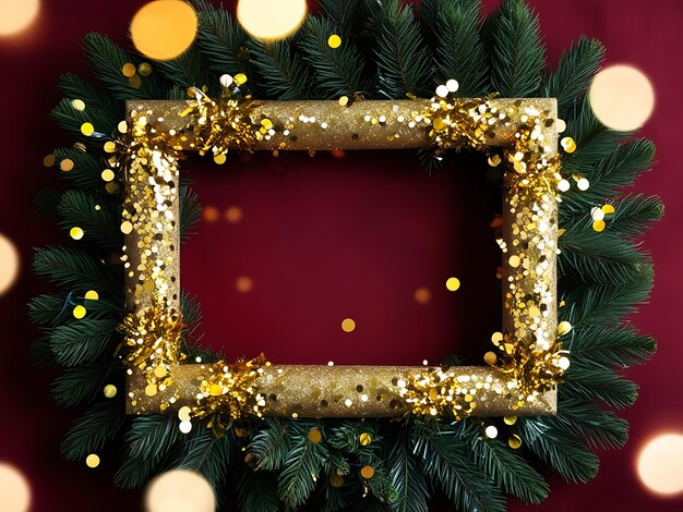 a christmas wreath with gold glitter and a red background