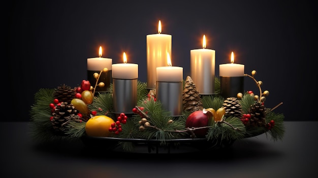 A christmas wreath with lit candles and pine cones generative ai image