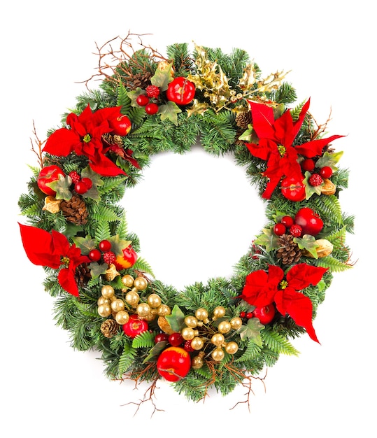 Christmas wreath with poinsettia flowers and golden decoration isolated on white background