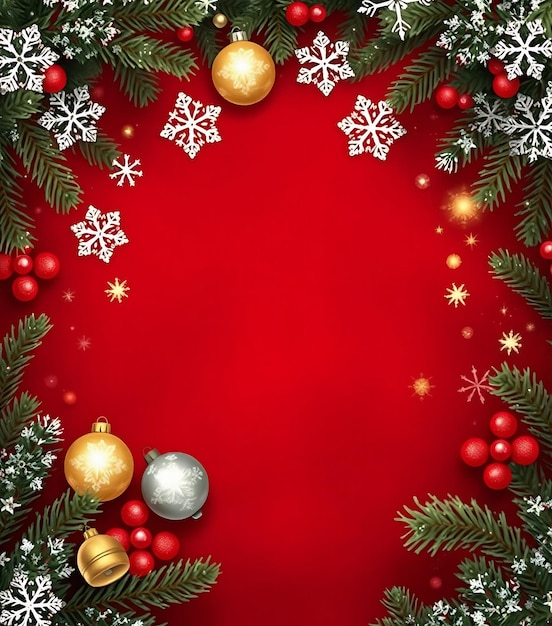 a christmas wreath with a red background with snowflakes and christmas decorations