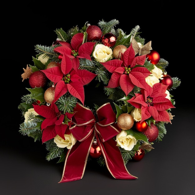 a christmas wreath with a red bow and a red ribbon