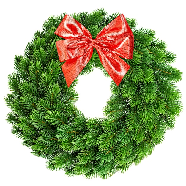 Christmas wreath with red ribbon bow isolated on white background