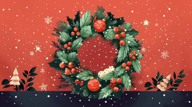 Christmas Wreath with Snowfall Background