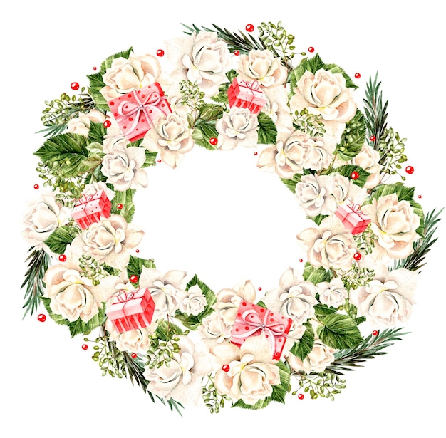 Christmas Wreath with white roses and gifts watercolor