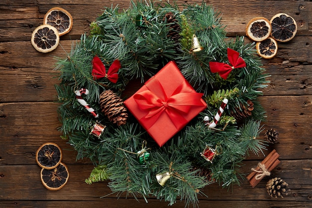 Christmas wreath on wooden