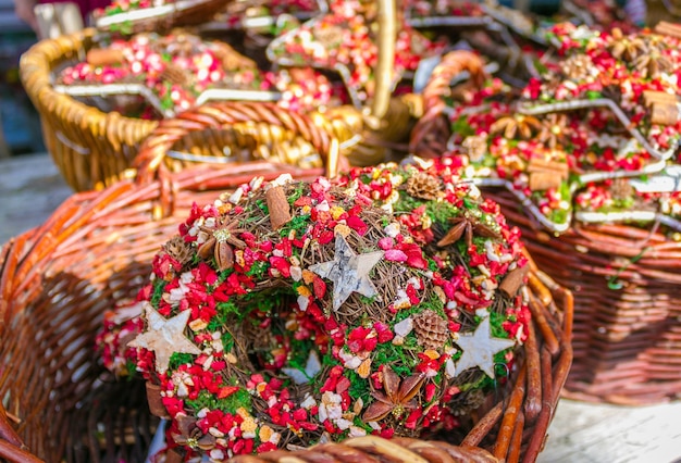 Christmas wreaths and other decoration at the fair in Germany