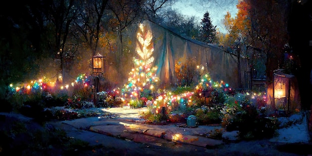 Christmas yard decor. Digital illustration. Painting. Beautiful scenario