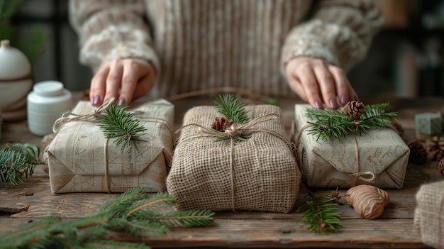 Christmas zero waste Woman packs burlapwrapped gifts Ecofriendly products on table