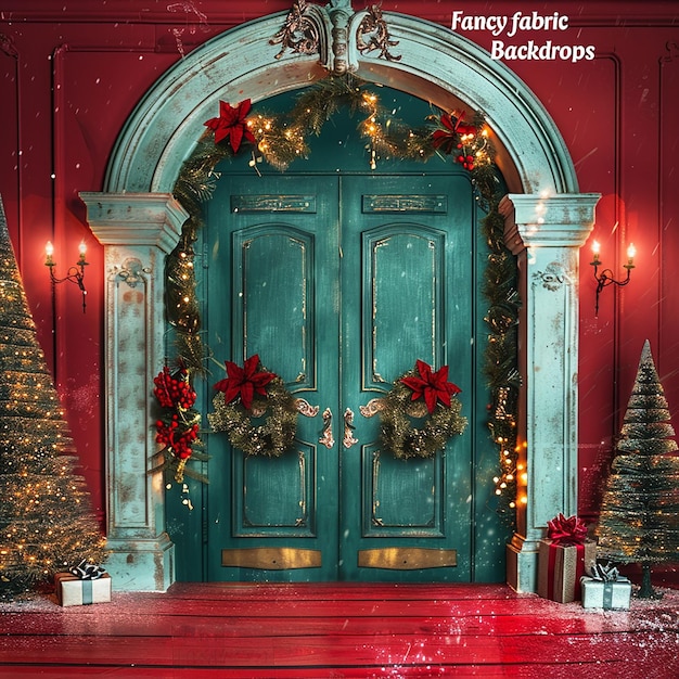 Christmasthemed digital backdrop bluegreen arched door with poinsettias and lights red wall red