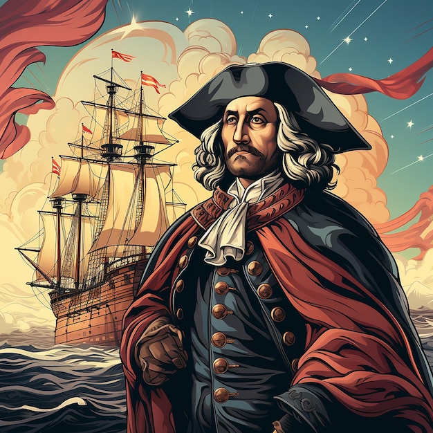 Christopher Columbus cartoon image with american flag background