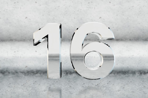 Chrome 3d number 16. Glossy chrome number on scratched metal background. Metallic digit with studio light reflections. 3d render.