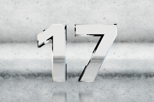 Chrome 3d number 17. Glossy chrome number on scratched metal background. Metallic digit with studio light reflections. 3d render.