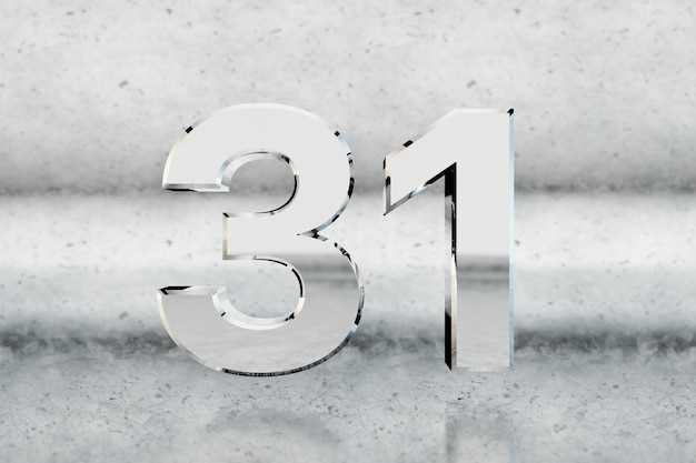 Photo chrome 3d number 31. glossy chrome number on scratched metal background. metallic digit with studio light reflections. 3d render.