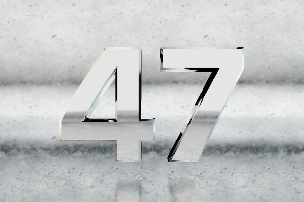 Chrome 3d number 47. Glossy chrome number on scratched metal background. Metallic digit with studio light reflections. 3d render.