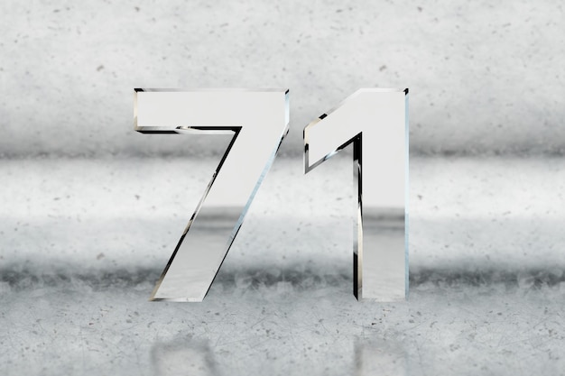 Chrome 3d number 71. Glossy chrome number on scratched metal background. Metallic digit with studio light reflections. 3d render.