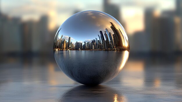 Photo a chrome ball reflects a city skyline and water