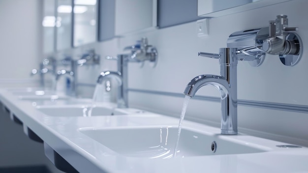 A chrome faucet with a single handle is mounted to a wall with water flowing from the spout The background is white