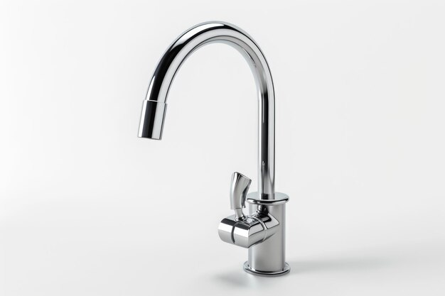 A chrome finish kitchen faucet on a white background Perfect for home improvement projects or interior design websites