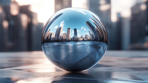 A chrome sphere reflects a city skyline creating a unique and abstract view of the urban landscape