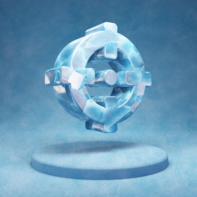 Chrosshair icon. Cracked blue Ice Chrosshair symbol on blue snow podium. Social Media Icon for website, presentation, design template element. 3D render.