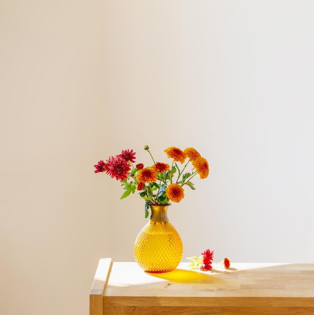 Chrysanthemums in glass vase on white background