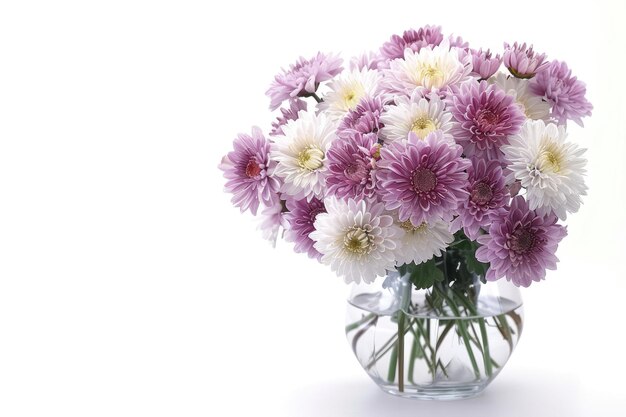 Chrysanthemums in a glass vase on a white surface