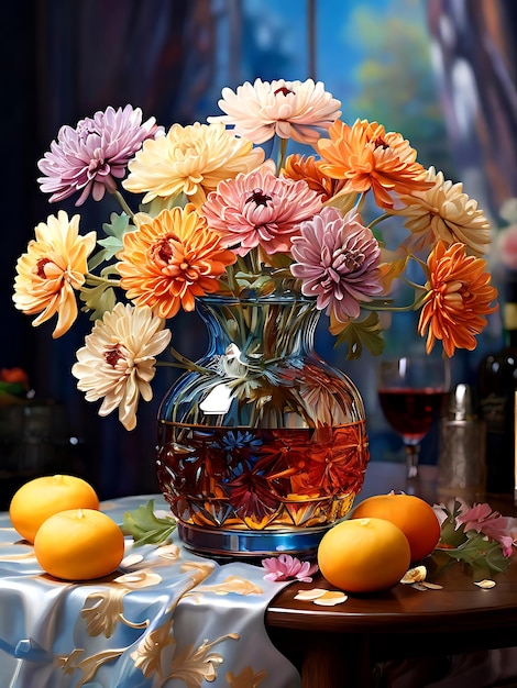 Chrysanthemums in glass vase