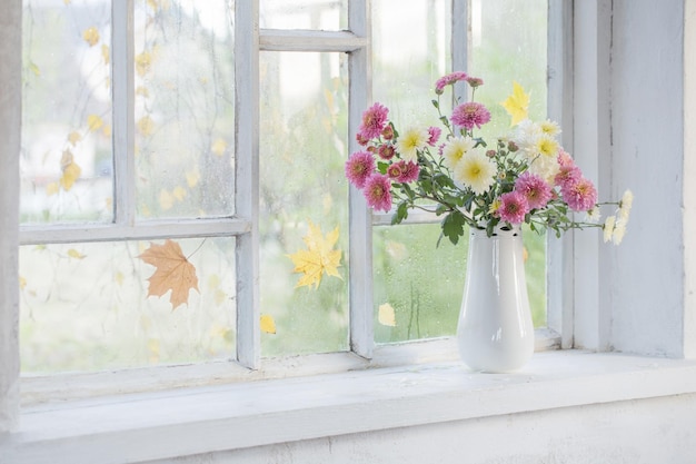 chrysanthemums in vase on windowsill in autumn