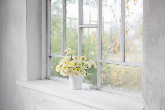 Chrysanthemums in  vase on  windowsill in autumn