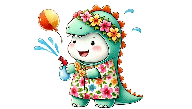 chubby baby Brachiosaurus dressed in a floral Songkran costume