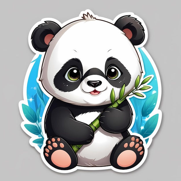 Chubby baby panda sticker holding a bamboo with large sparkling eyes soft fur and playful express