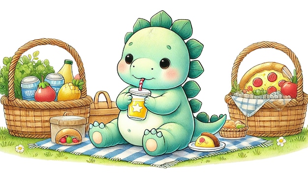 chubby baby Stegosaurus sipping juice from a straw sitting comfortably