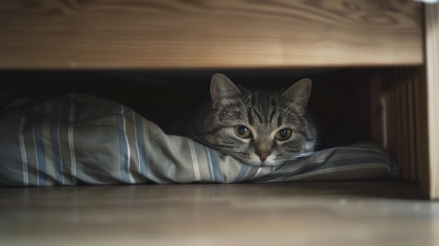 Chubby cat dozing in a large storage box under a bed with just its head peeking out capturing a hidden yet cozy nap spot