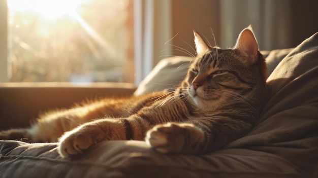 A chubby cat lounging on a cozy couch with a sunny window in the background its fur glistening in the sunlight creating a serene and warm atmosphere